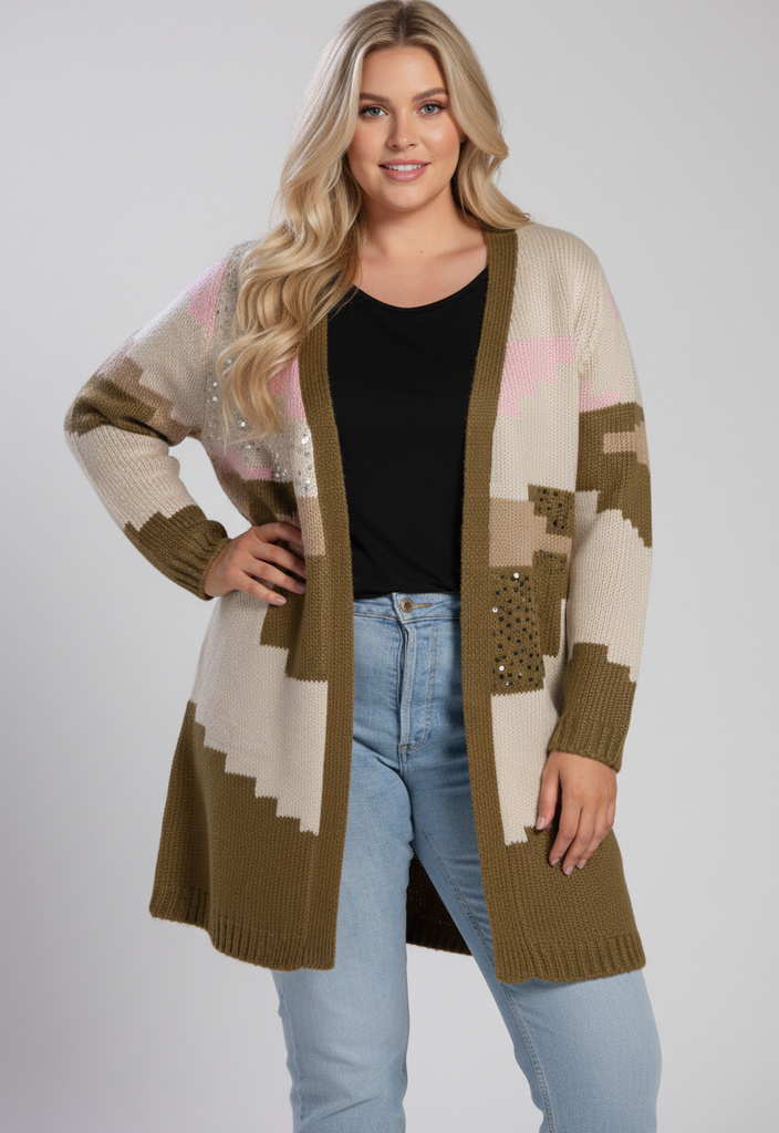 Wholesaler Pomme Rouge Paris - Plus size khaki colorblock cardigan with sequins (JX080)