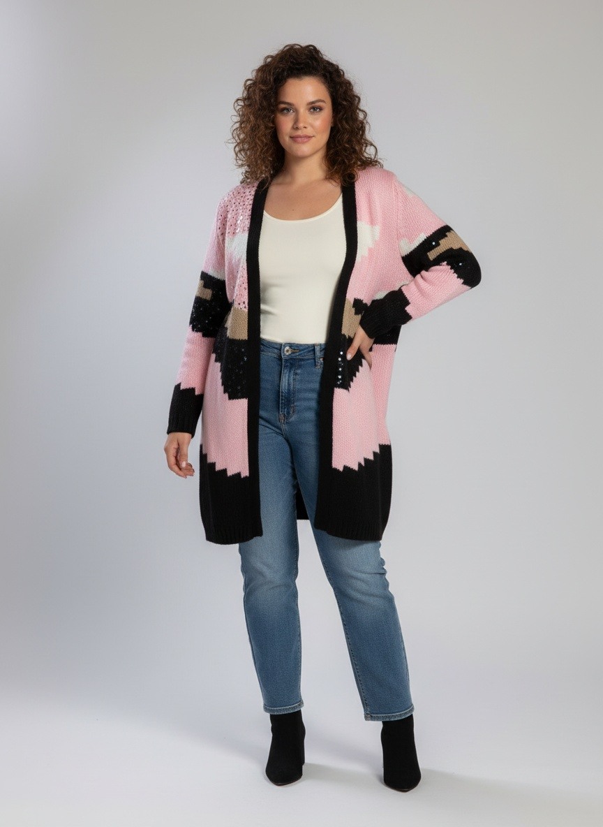 Wholesaler Pomme Rouge Paris - Plus size pink colorblock cardigan with sequins