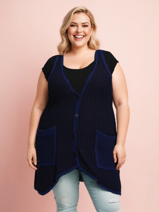 Grossiste Pomme Rouge Paris - Gilet ajouré bleu grande taille (A318)