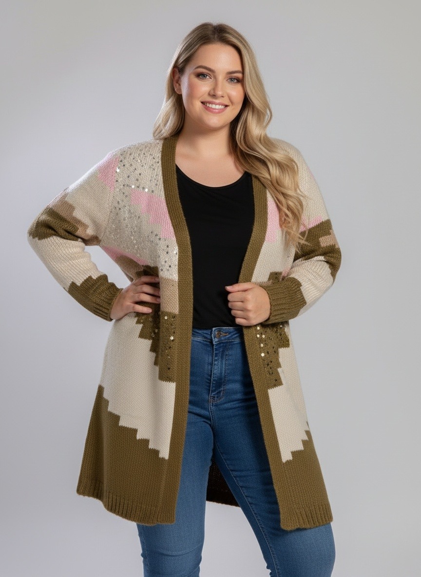 Wholesaler Pomme Rouge Paris - Plus size khaki colorblock cardigan with sequins