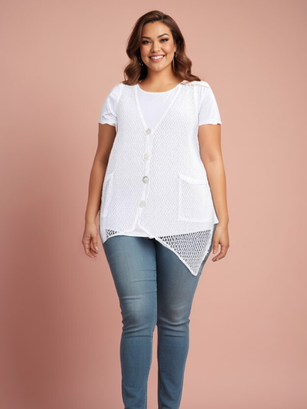 Grossiste Pomme Rouge Paris - Gilet ajouré blanc grande taille (A318)