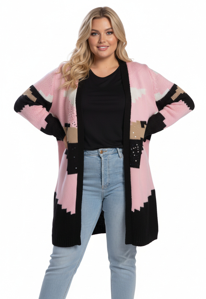 Wholesaler Pomme Rouge Paris - Plus size pink colorblock cardigan with sequins