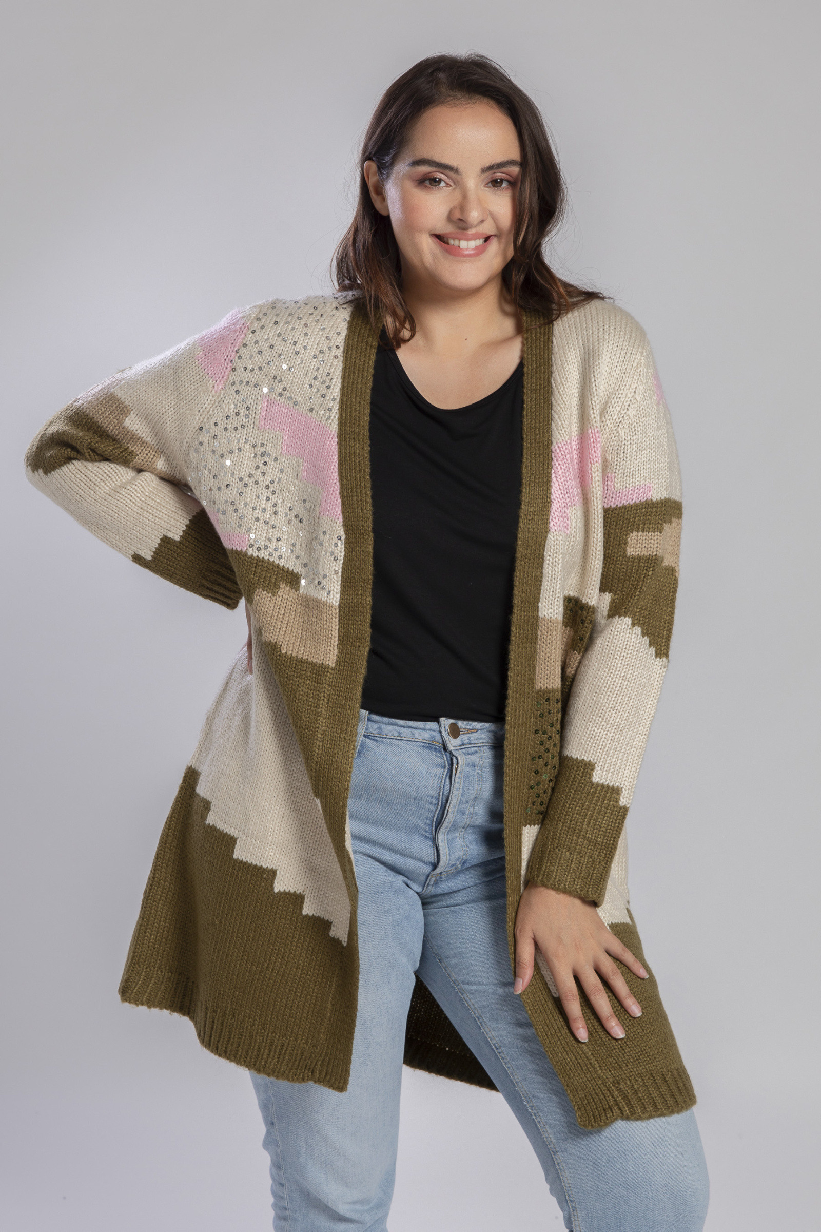 Wholesaler Pomme Rouge Paris - Plus size khaki colorblock cardigan with sequins (JX080)