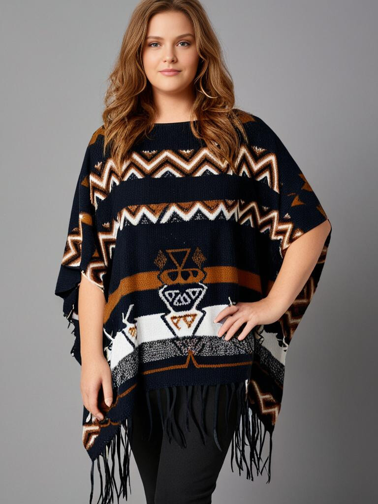 Grossiste Pomme Rouge Paris - Cape à franges motif noir (T08012)