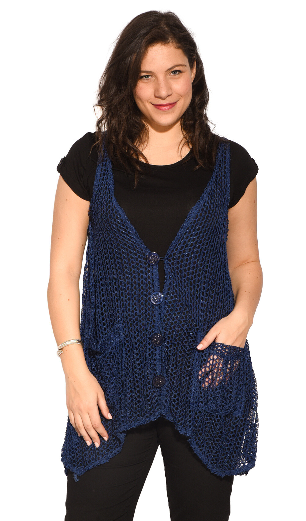 Grossiste Pomme Rouge Paris - Gilet ajouré bleu grande taille (A318)