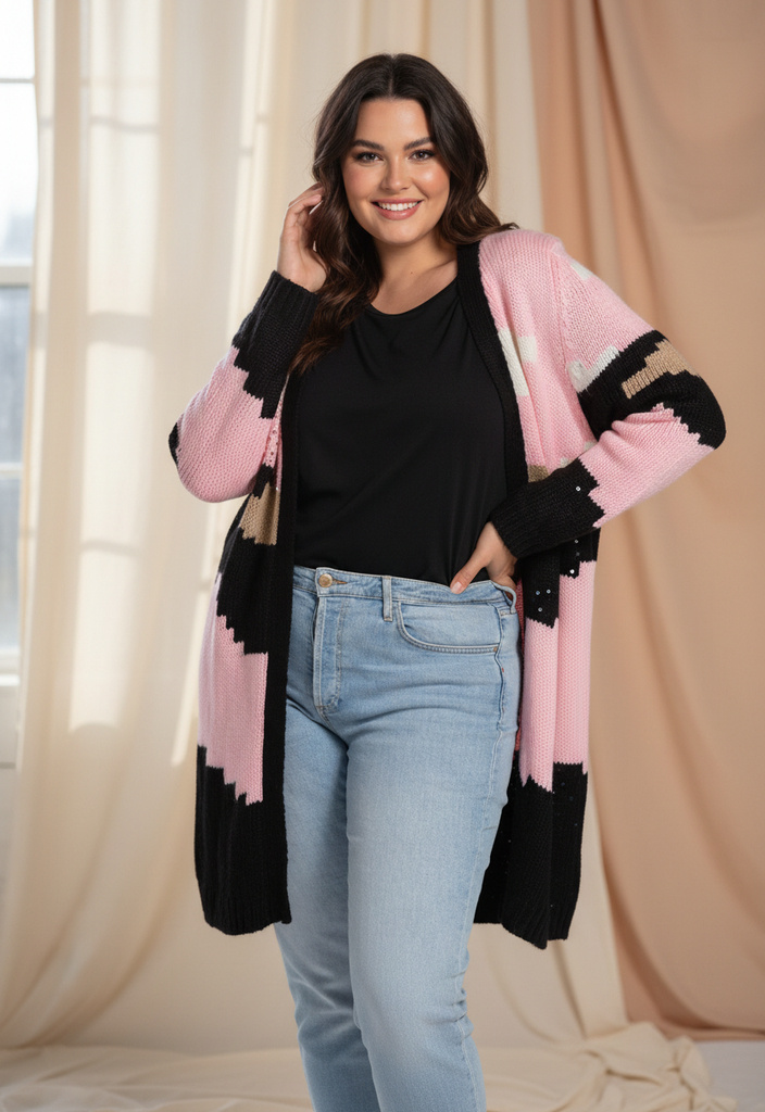 Wholesaler Pomme Rouge Paris - Plus size pink colorblock cardigan with sequins (JX080)