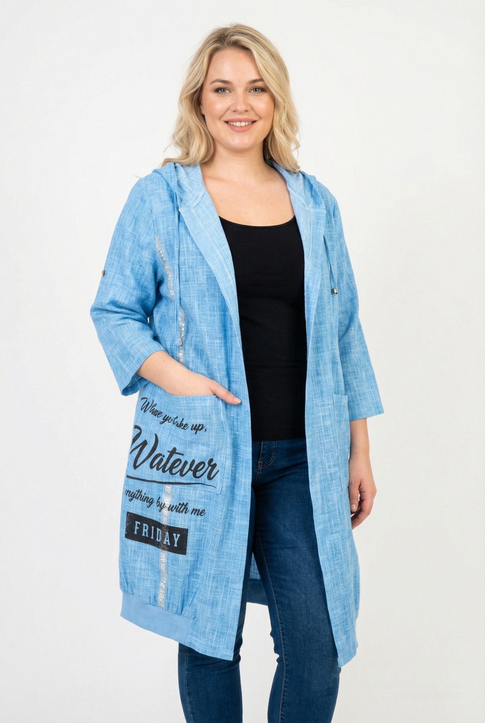Grossista Pomme Rouge Paris - Cardigan lungo azzurro taglia grande con iscrizioni