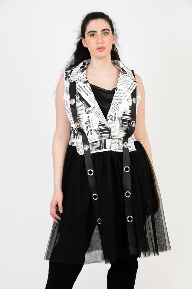 Grossiste Pomme Rouge Paris - Gilet bi matière jean et tulle (C6515)