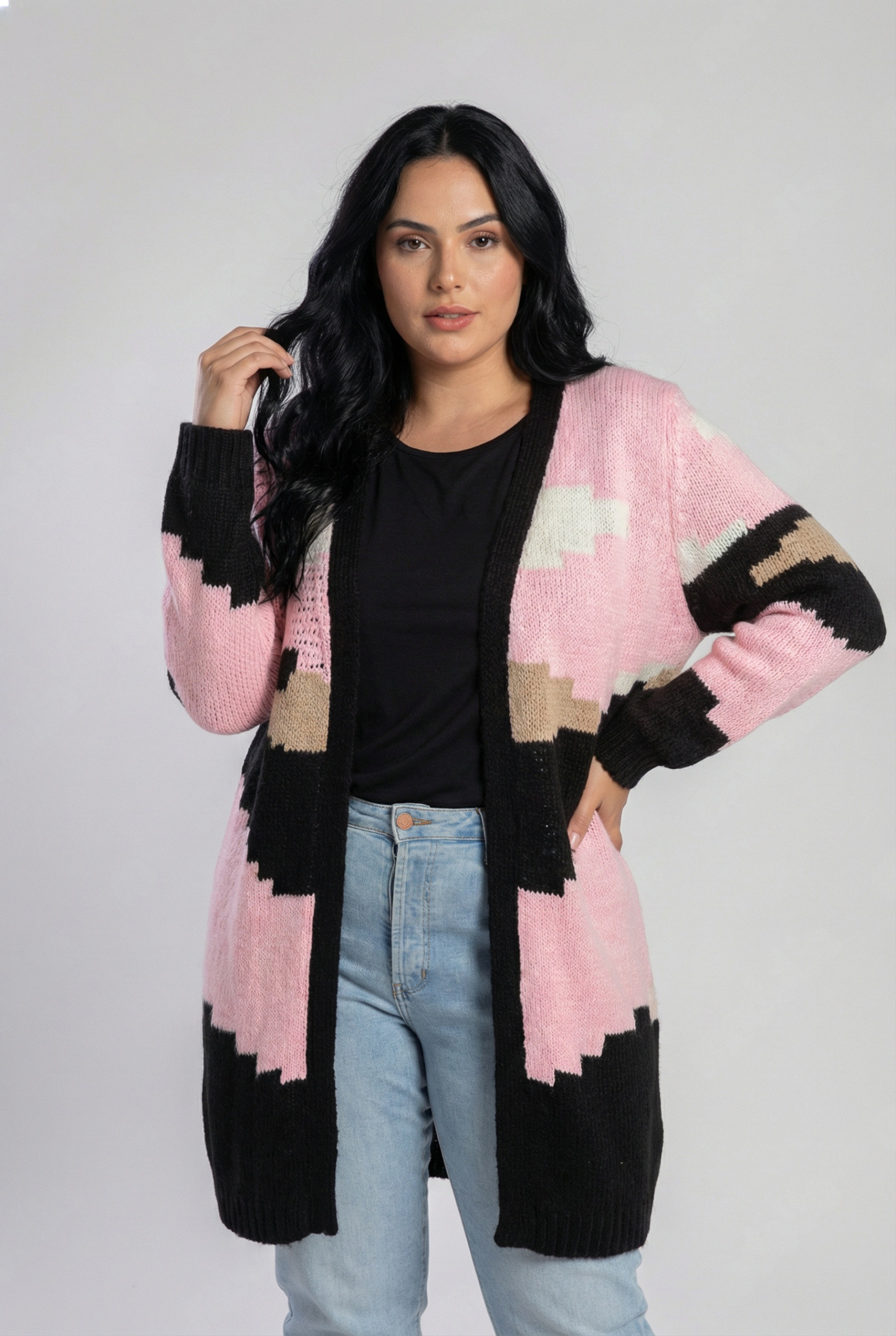 Wholesaler Pomme Rouge Paris - Plus size pink colorblock cardigan with sequins