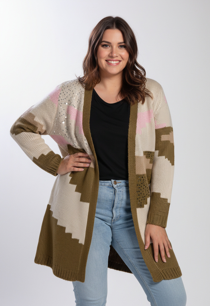Wholesaler Pomme Rouge Paris - Plus size khaki colorblock cardigan with sequins