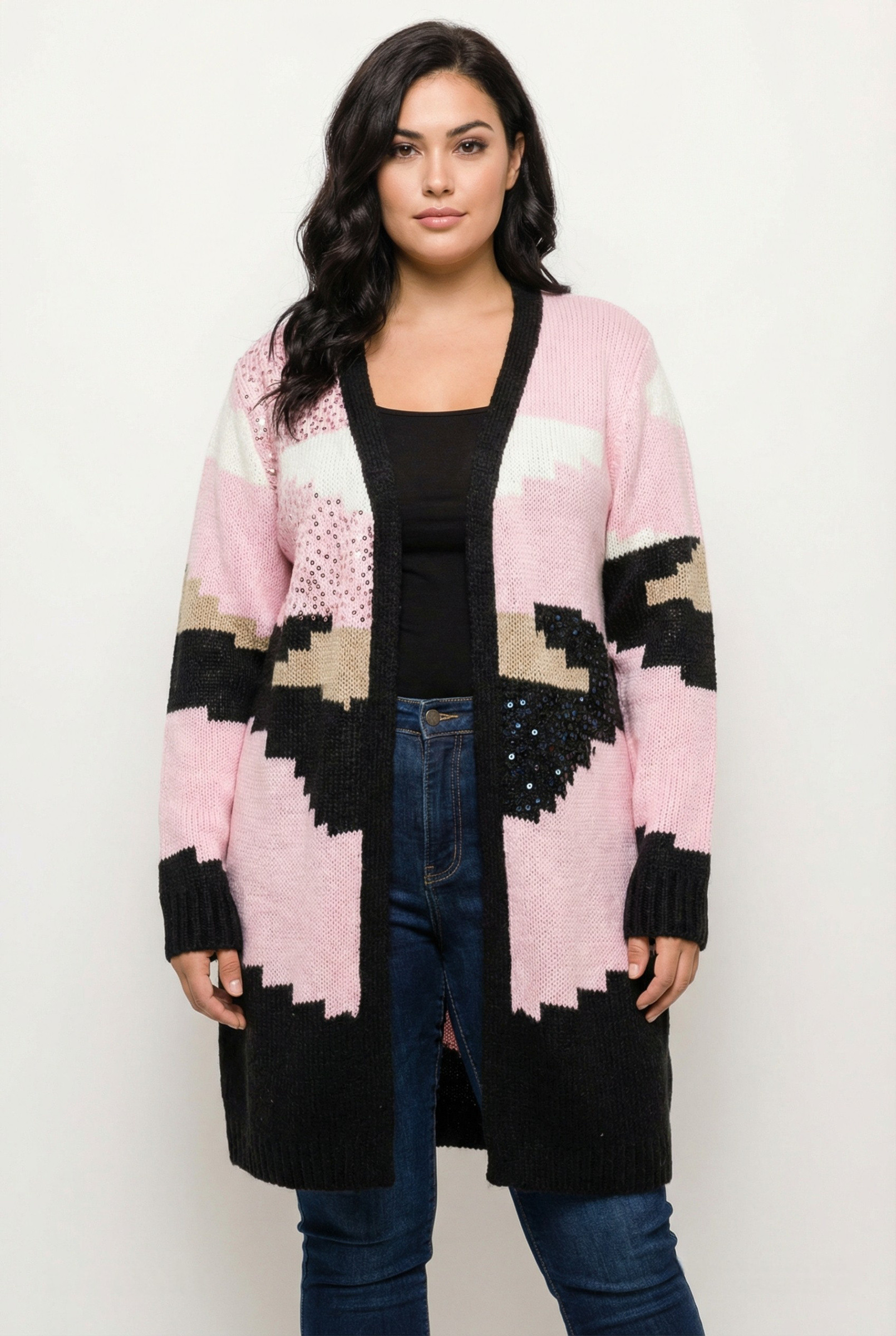 Wholesaler Pomme Rouge Paris - Plus size pink colorblock cardigan with sequins