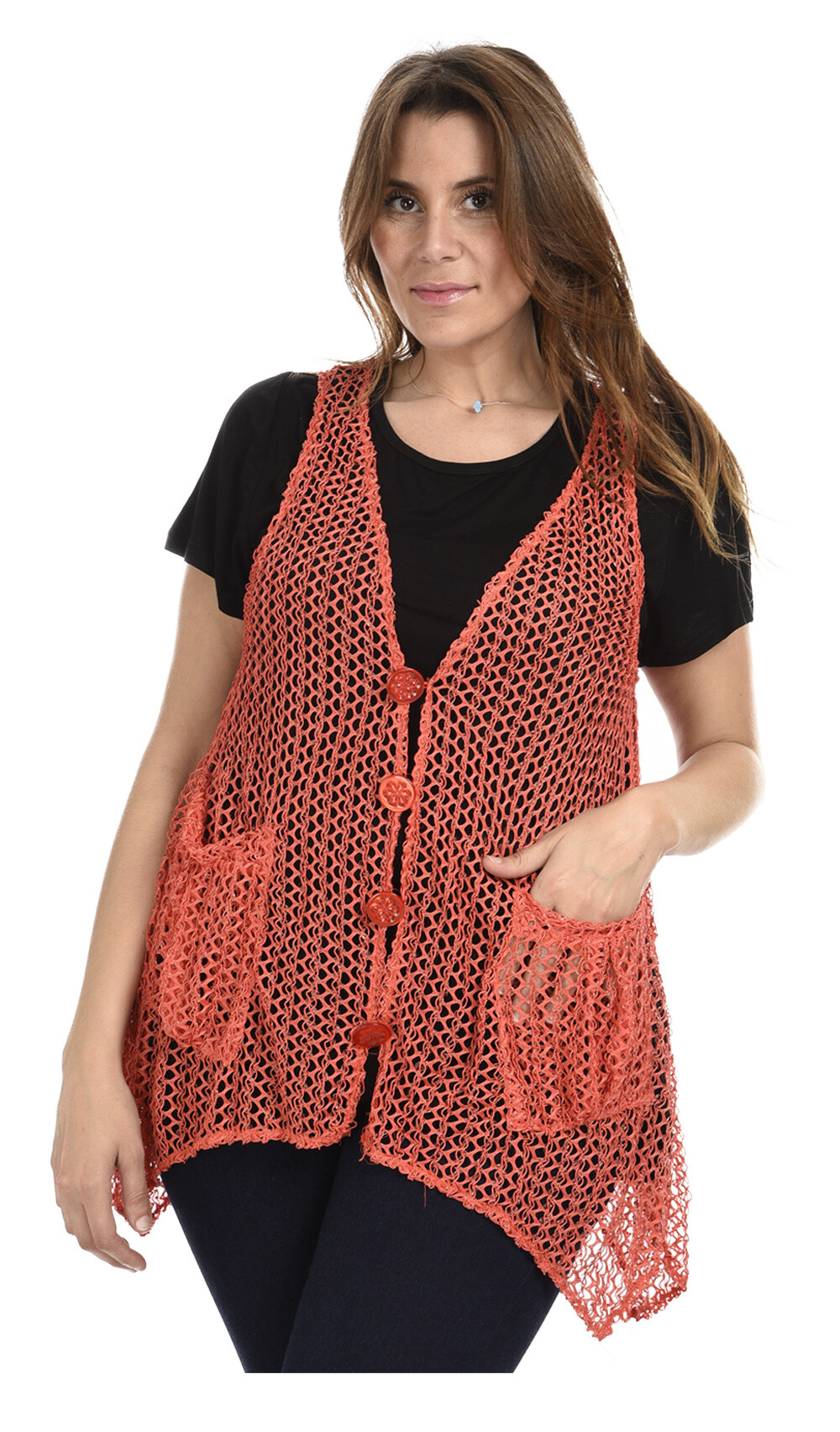 Grossiste Pomme Rouge Paris - Gilet ajouré rose grande taille (A318)
