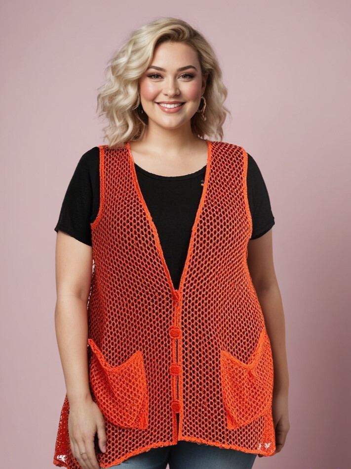 Grossiste Pomme Rouge Paris - Gilet ajouré orange grande taille (A318)