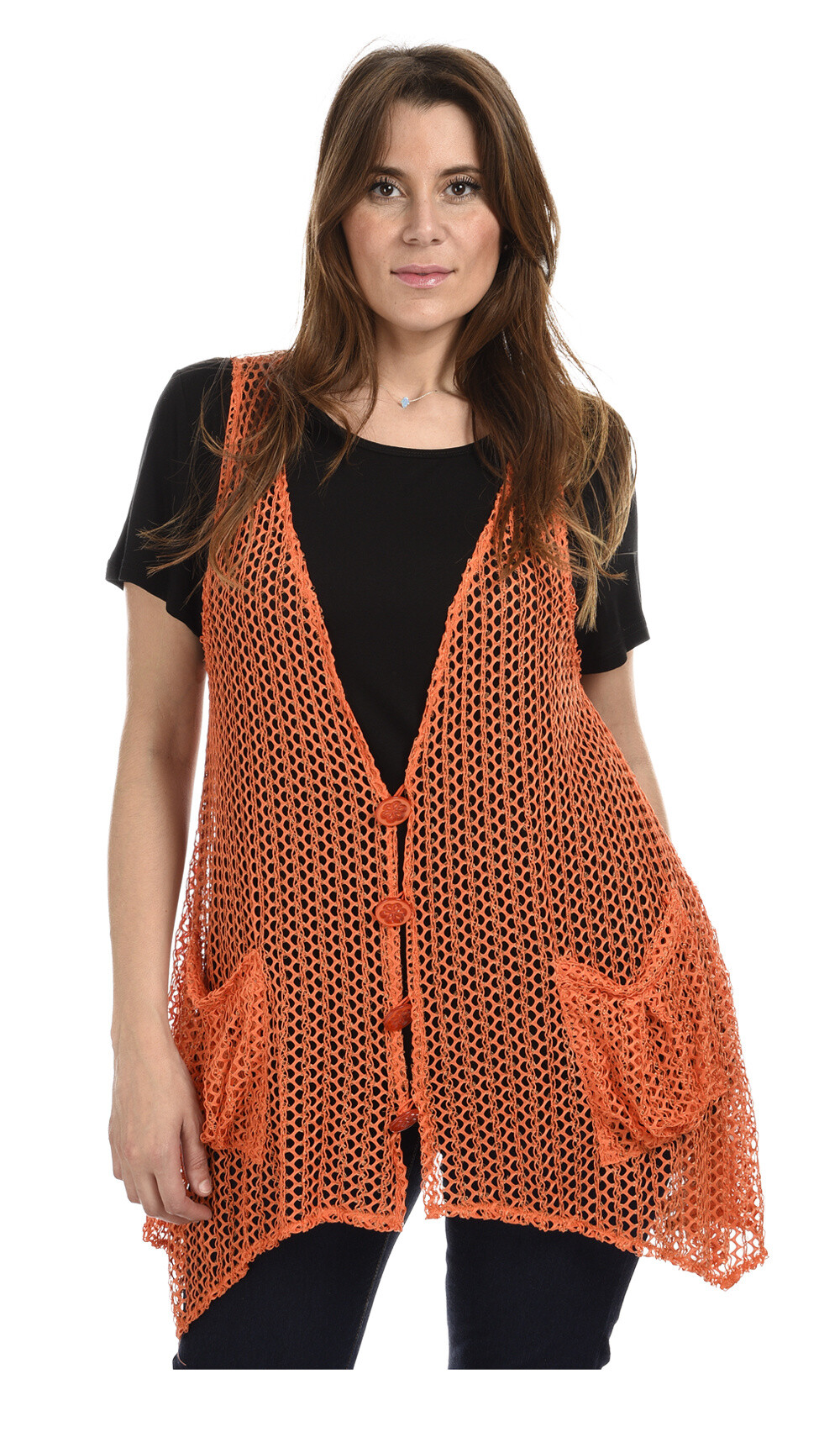 Grossiste Pomme Rouge Paris - Gilet ajouré orange grande taille (A318)