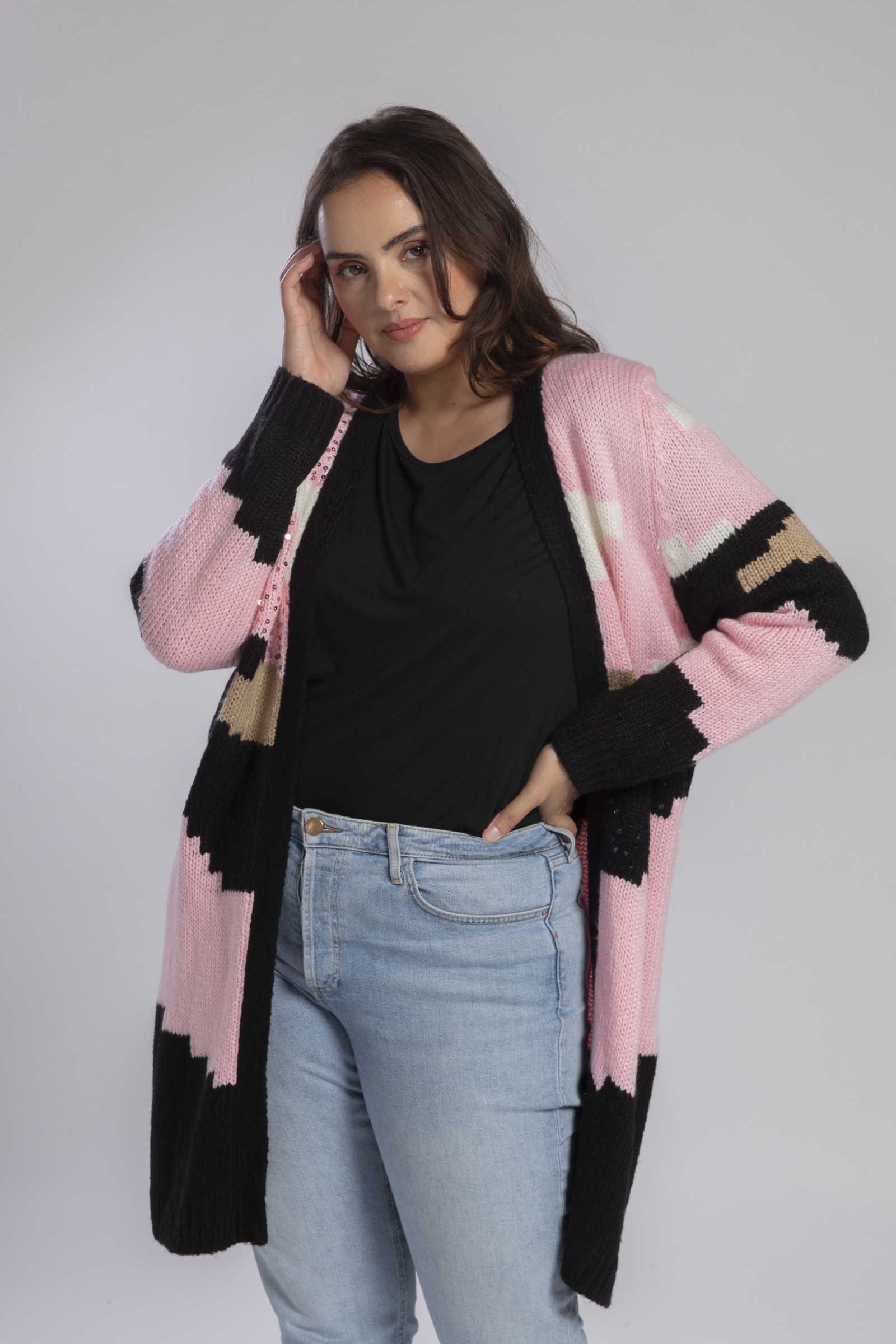 Wholesaler Pomme Rouge Paris - Plus Size Pink Colorblock Cardigan with Sequins (JX080)