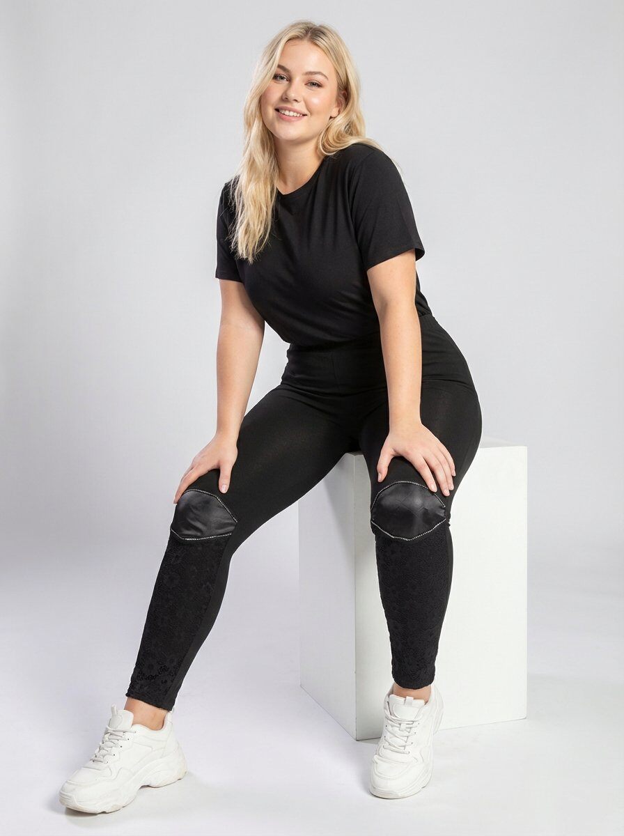 Grossiste Pomme Rouge Paris - Legging avec patch similicuir et dentelle grande taille