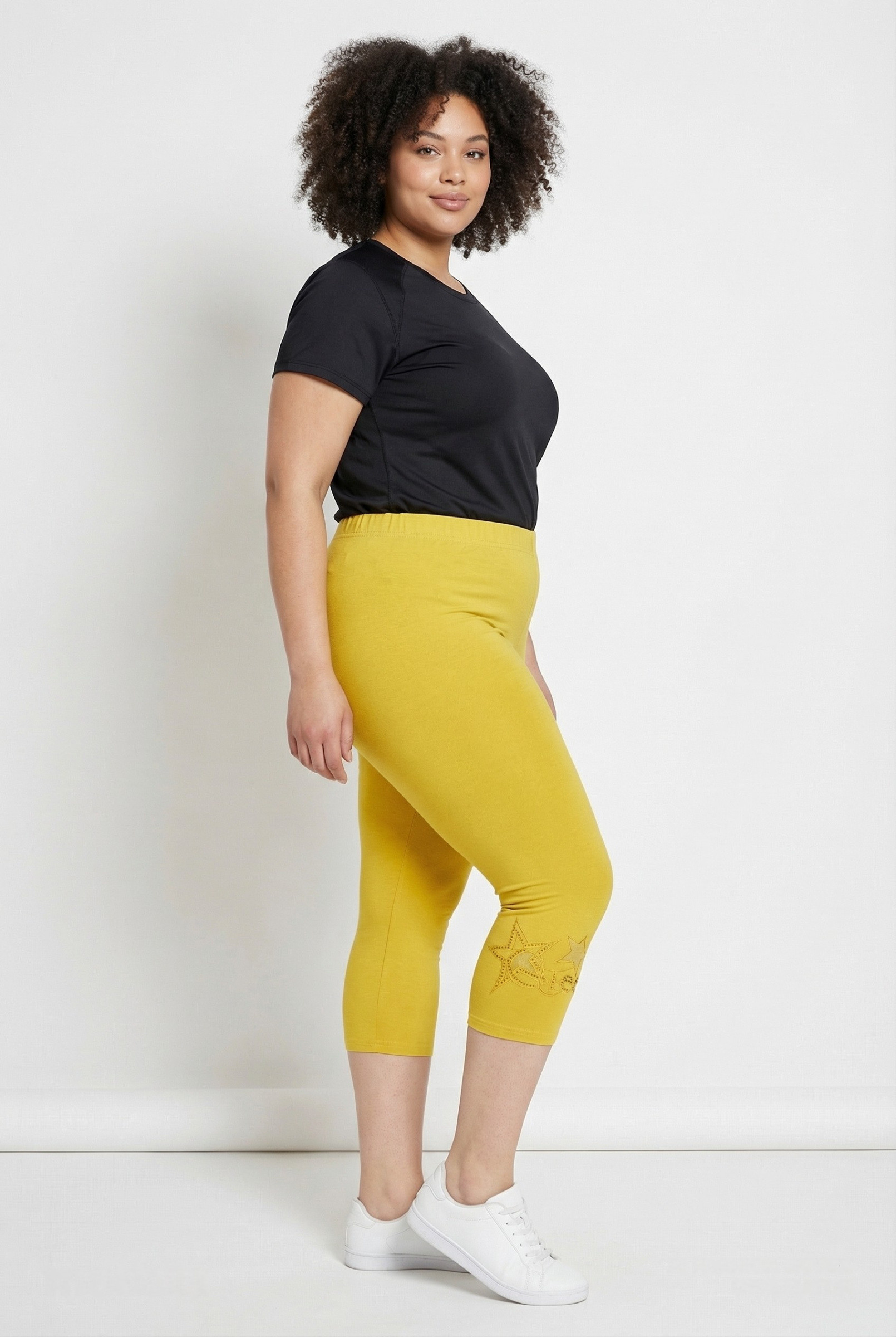 Grossiste Pomme Rouge Paris - Legging jaune court grande taille motif étoile (B209)