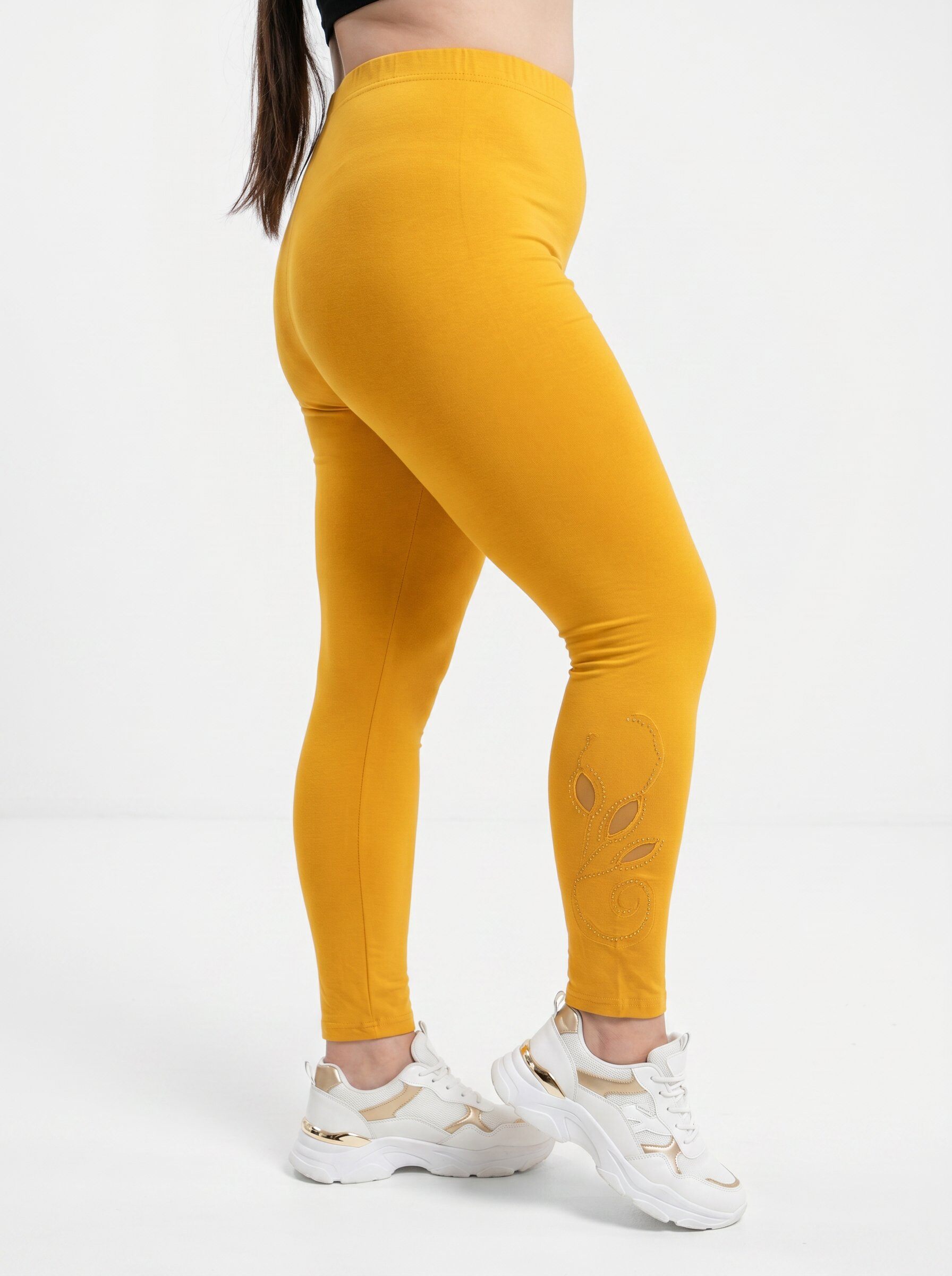 Grossiste Pomme Rouge Paris - Legging jaune grande taille avec motif et strass (B226)