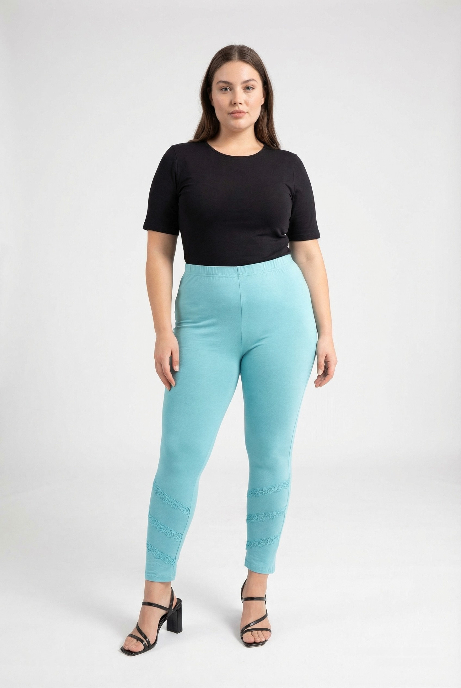 Grossiste Pomme Rouge Paris - Legging turquoise grande taille avec bande dentelle et strass (B225)