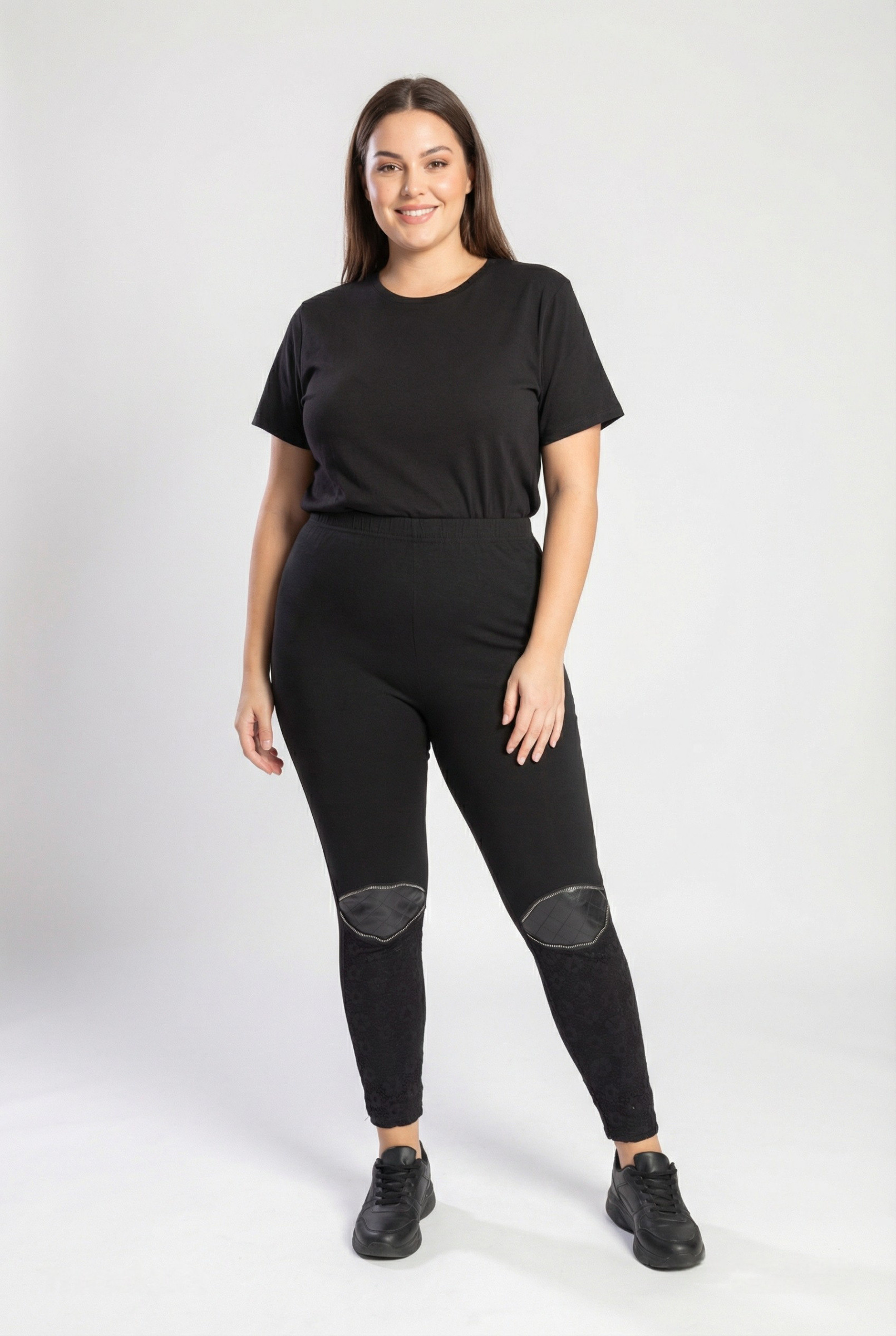 Grossiste Pomme Rouge Paris - Legging avec patch similicuir et dentelle grande taille