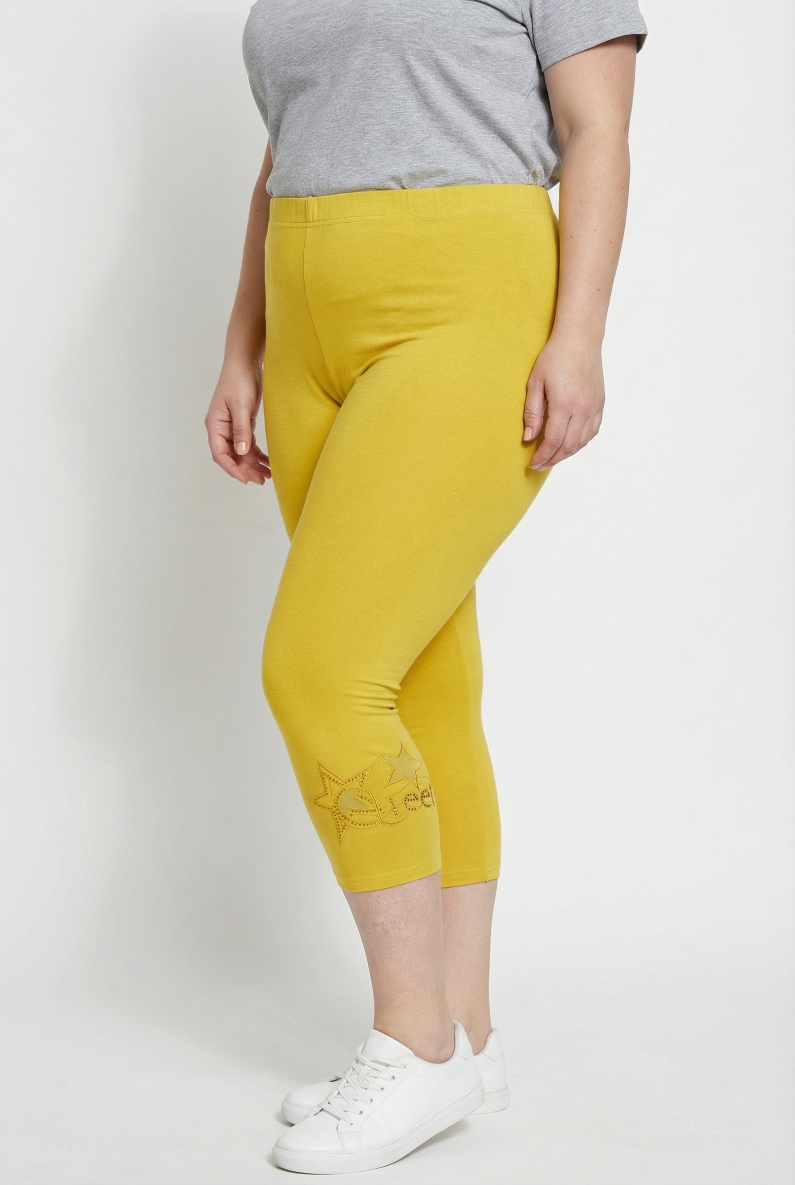 Grossiste Pomme Rouge Paris - Legging jaune court grande taille motif étoile (B209)