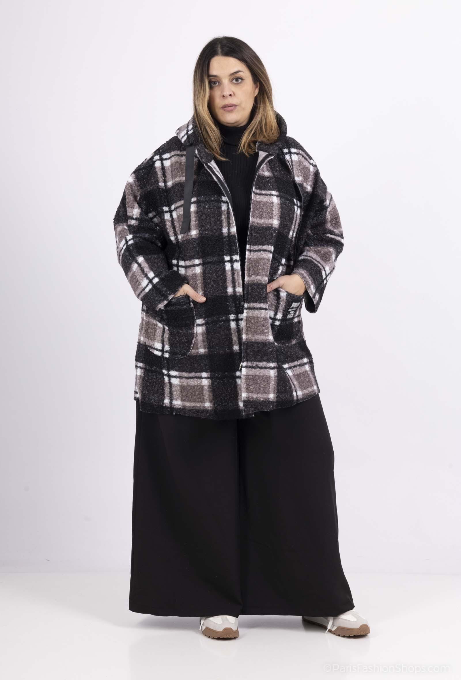 Grossiste Pomme Rouge Paris - Manteau en laine carreaux noir