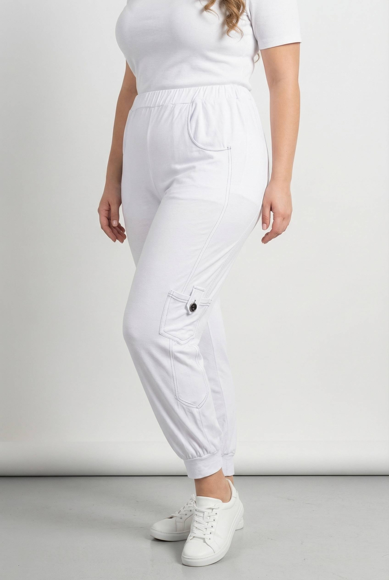 Grossiste Pomme Rouge Paris - Pantalon blanc grande taille surpiqure noir (B101)