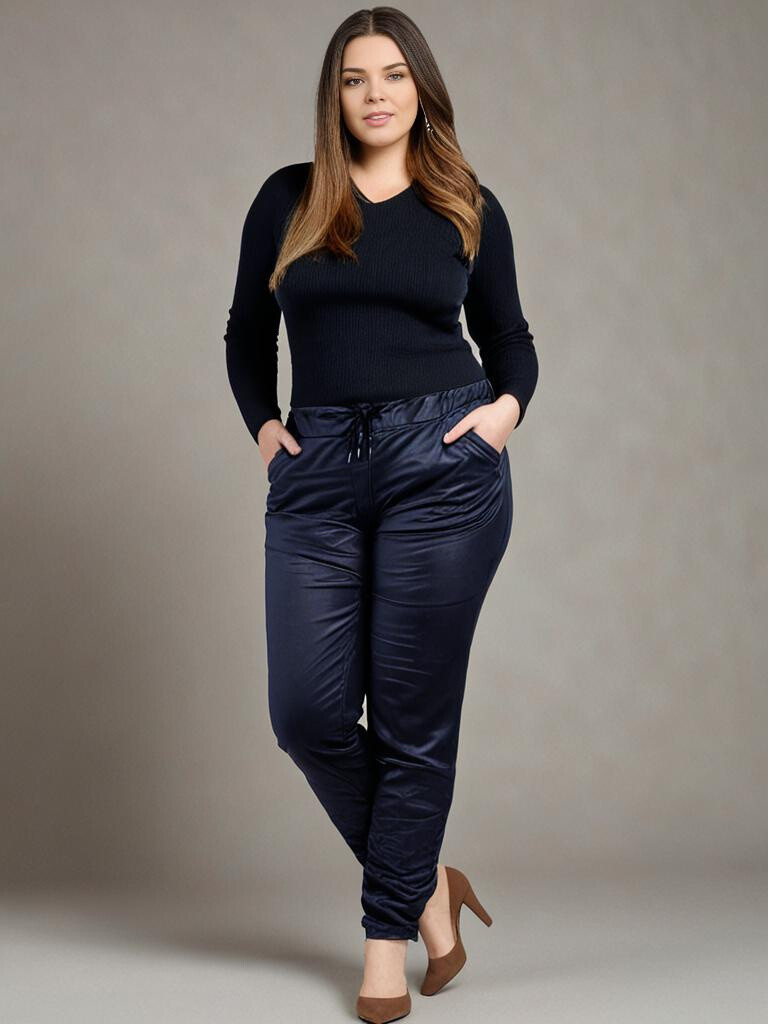 Grossiste Pomme Rouge Paris - Pantalon enduit bleu marine effet plissée (T6747)