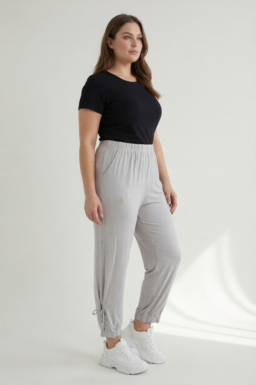Grossiste Pomme Rouge Paris - Pantalon gris grande taille avec laçage (B131)