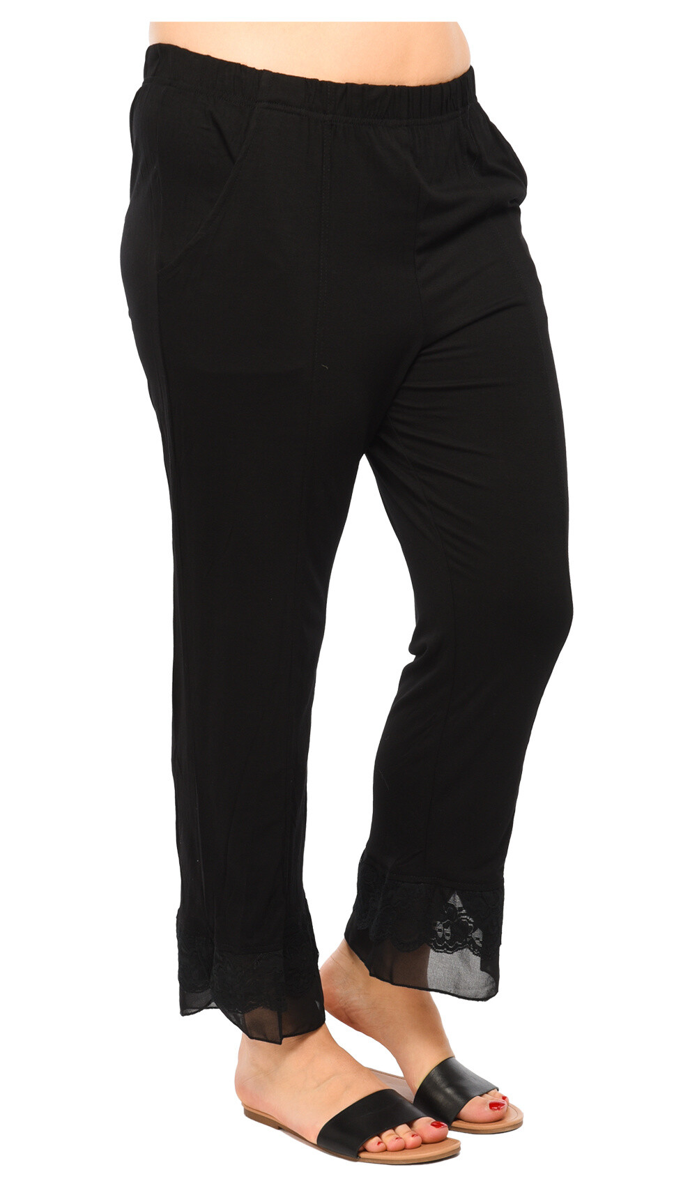 Grossiste Pomme Rouge Paris - Pantalon noir avec dentelle grande taille (B102)