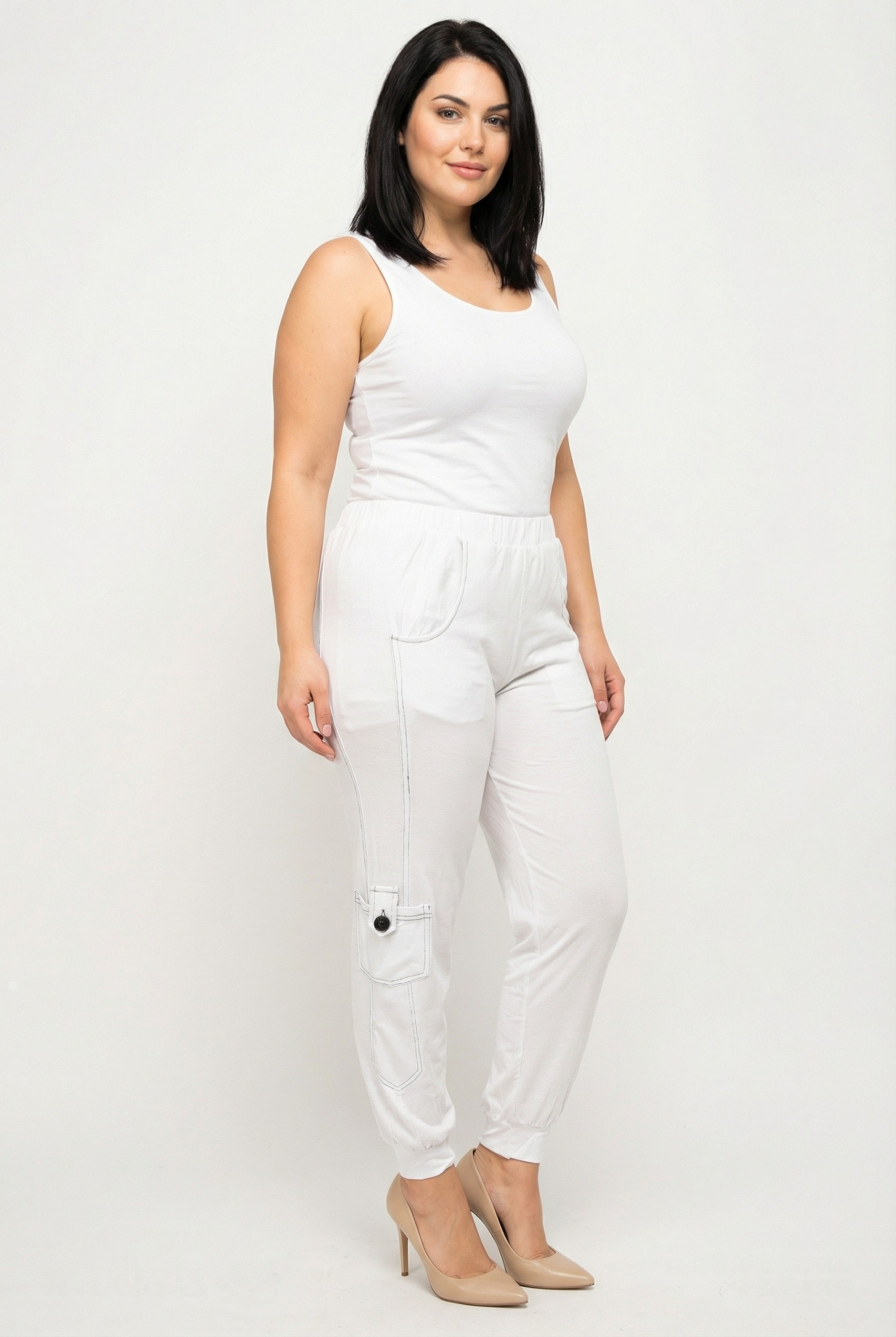 Grossiste Pomme Rouge Paris - Pantalon blanc grande taille surpiqure noir (B101)