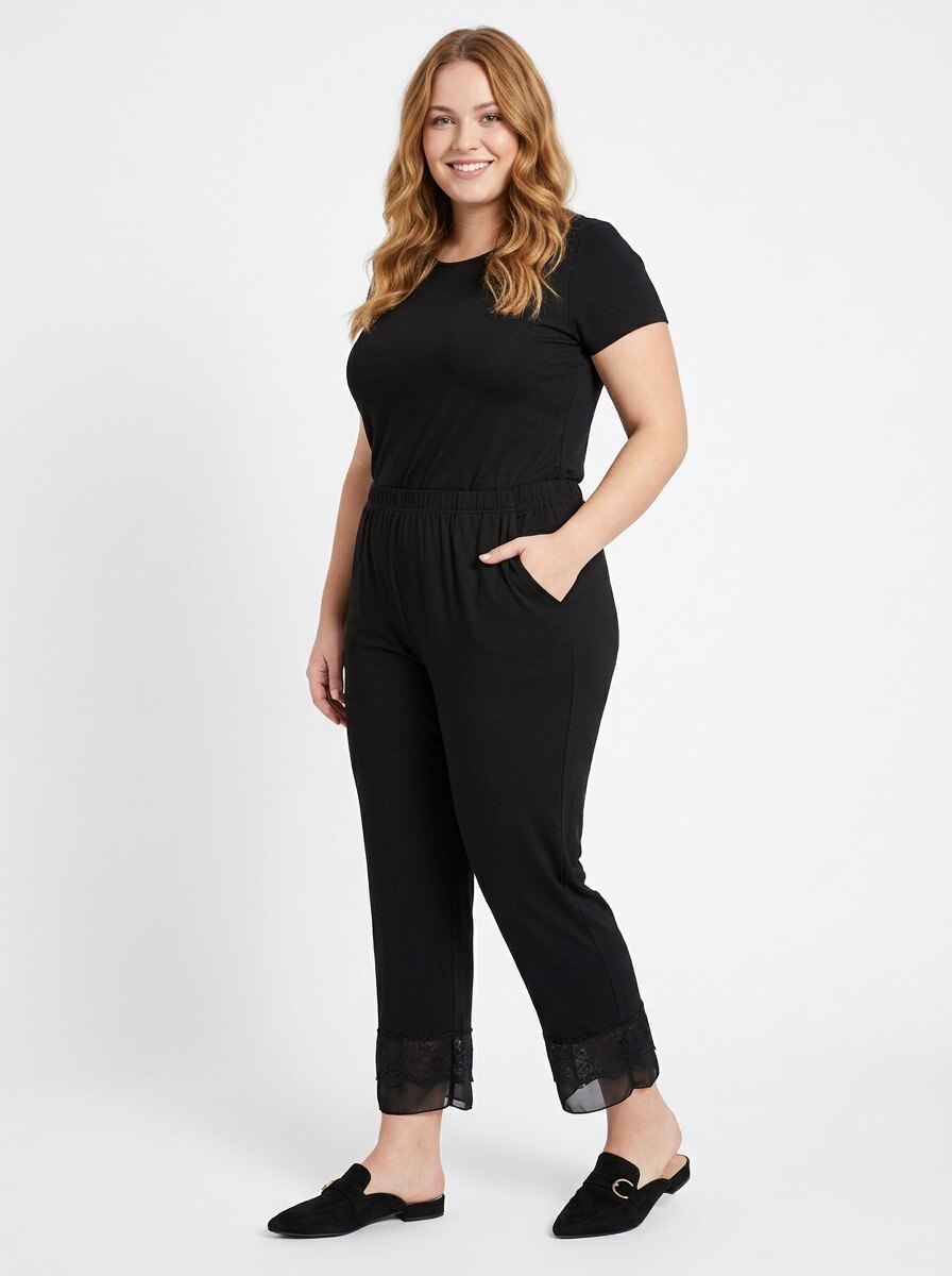 Grossiste Pomme Rouge Paris - Pantalon noir avec dentelle grande taille (B102)