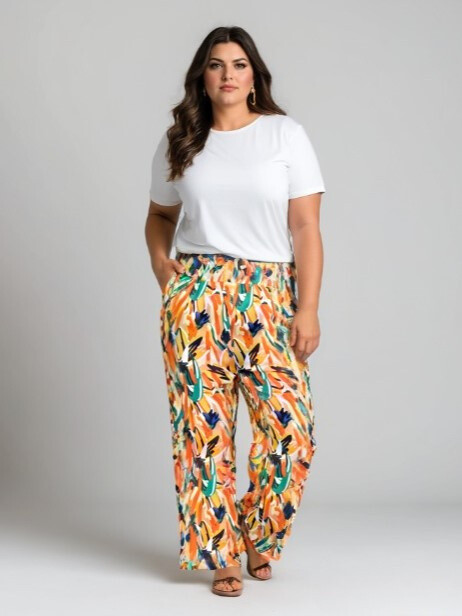 Grossiste Pomme Rouge Paris - Pantalon grande taille imprimé orange (B239)