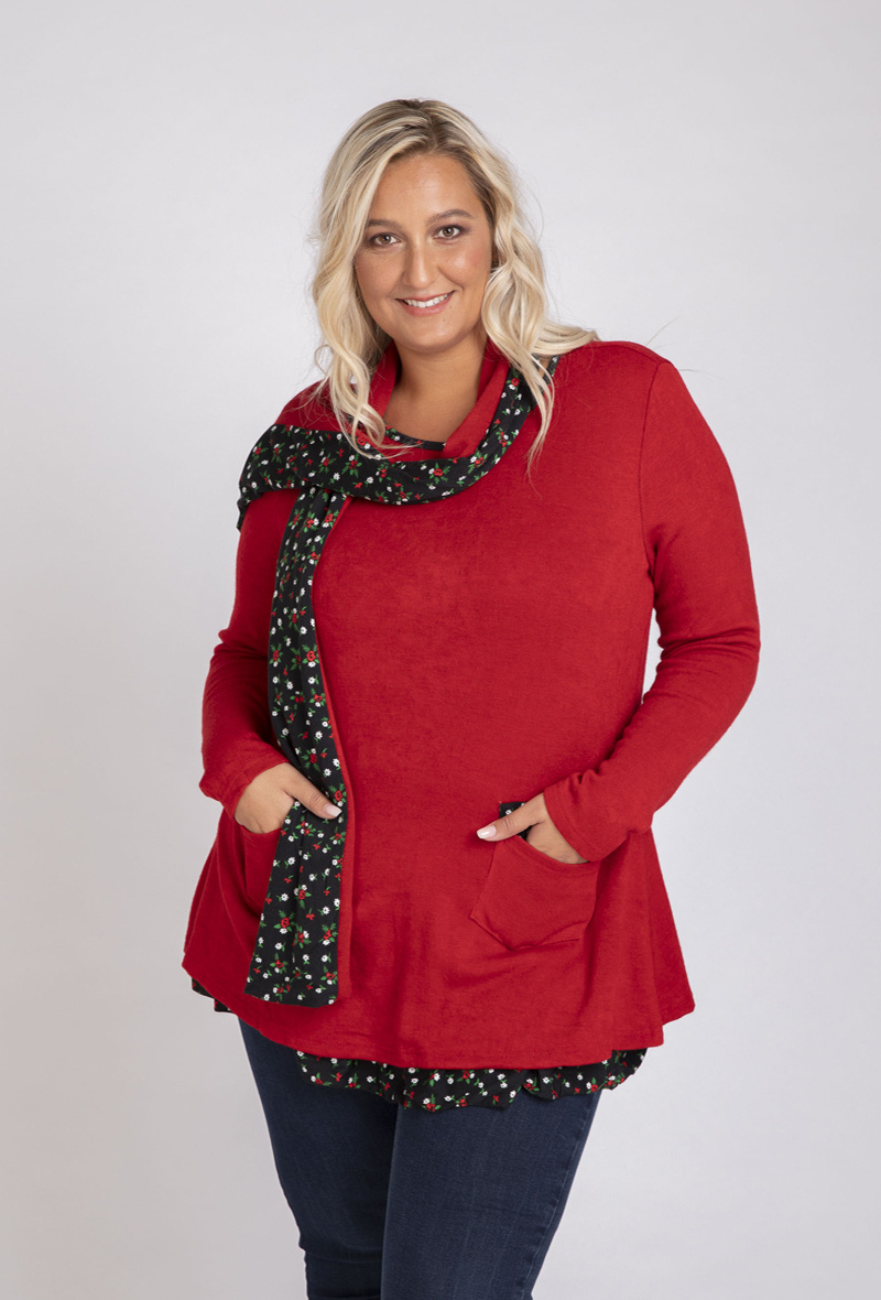 Grossiste Pomme Rouge Paris - Tunique - Pull avec écharpe assortie rouge (A628)