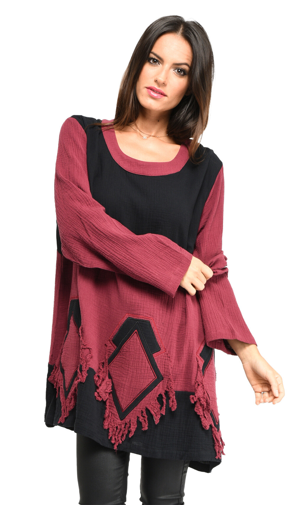 Grossiste Pomme Rouge Paris - Pull effet déchiré rouge et noir (A815)
