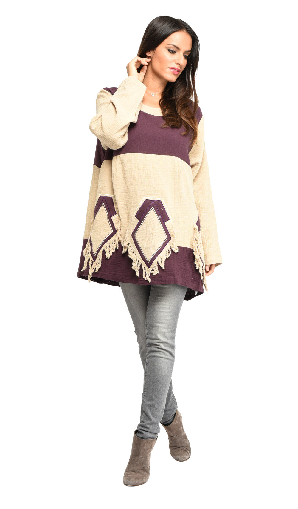 Grossiste Pomme Rouge Paris - Pull effet déchiré beige et violet (A815)