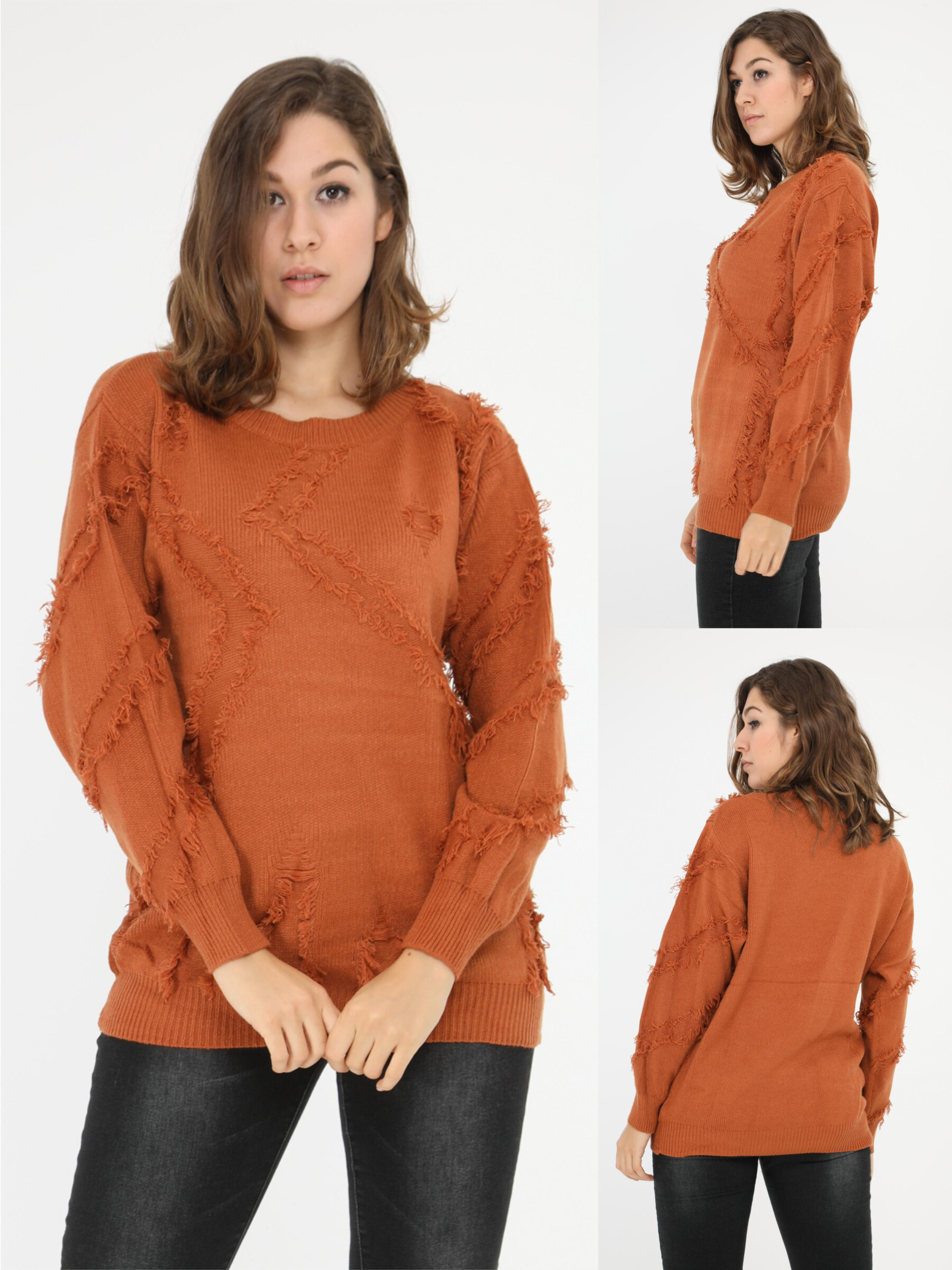 Grossiste Pomme Rouge Paris - Pull rouille effet déchiré (JX091)