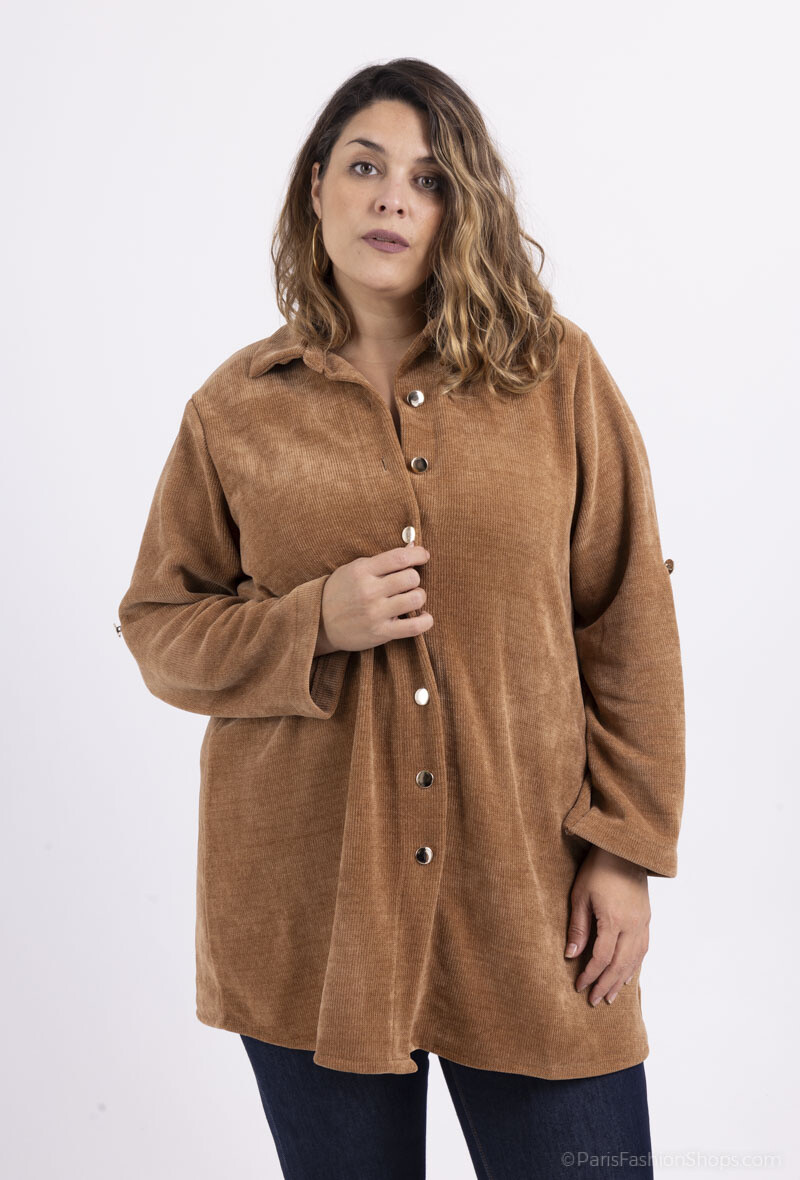 Grossiste Pomme Rouge Paris - Chemise longue velours cotelé camel (T20688)