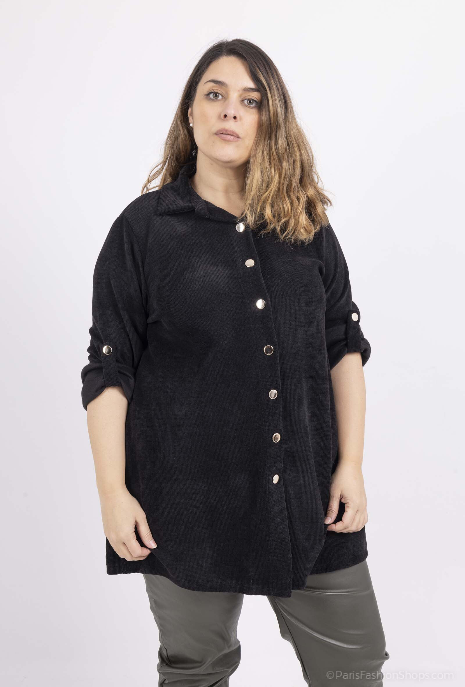 Grossiste Pomme Rouge Paris - Chemise longue velours cotelé noir (T20688)