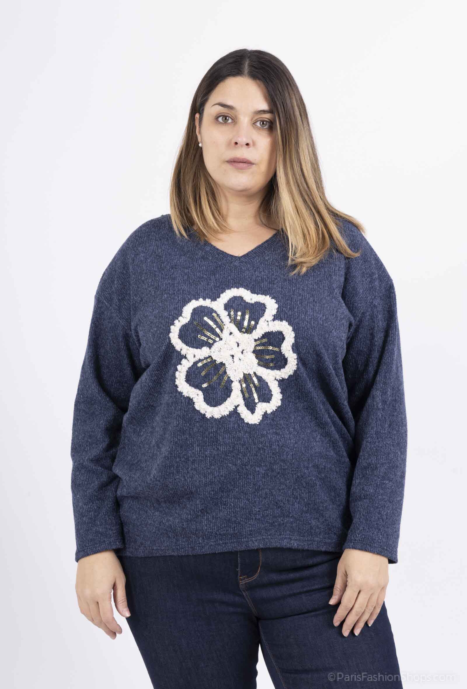 Grossiste Pomme Rouge Paris - Pull épais bleu motif fleur (T21410)