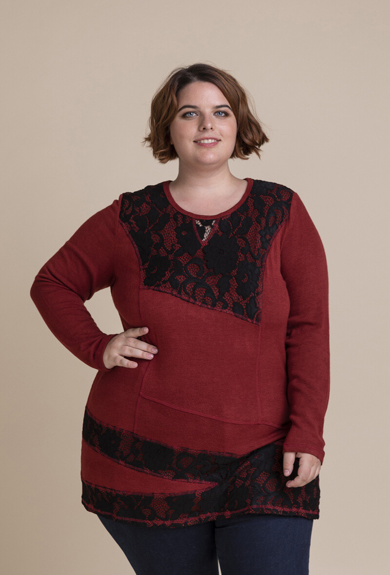 Grossiste Pomme Rouge Paris - Pull bordeaux avec dentelle (A729)