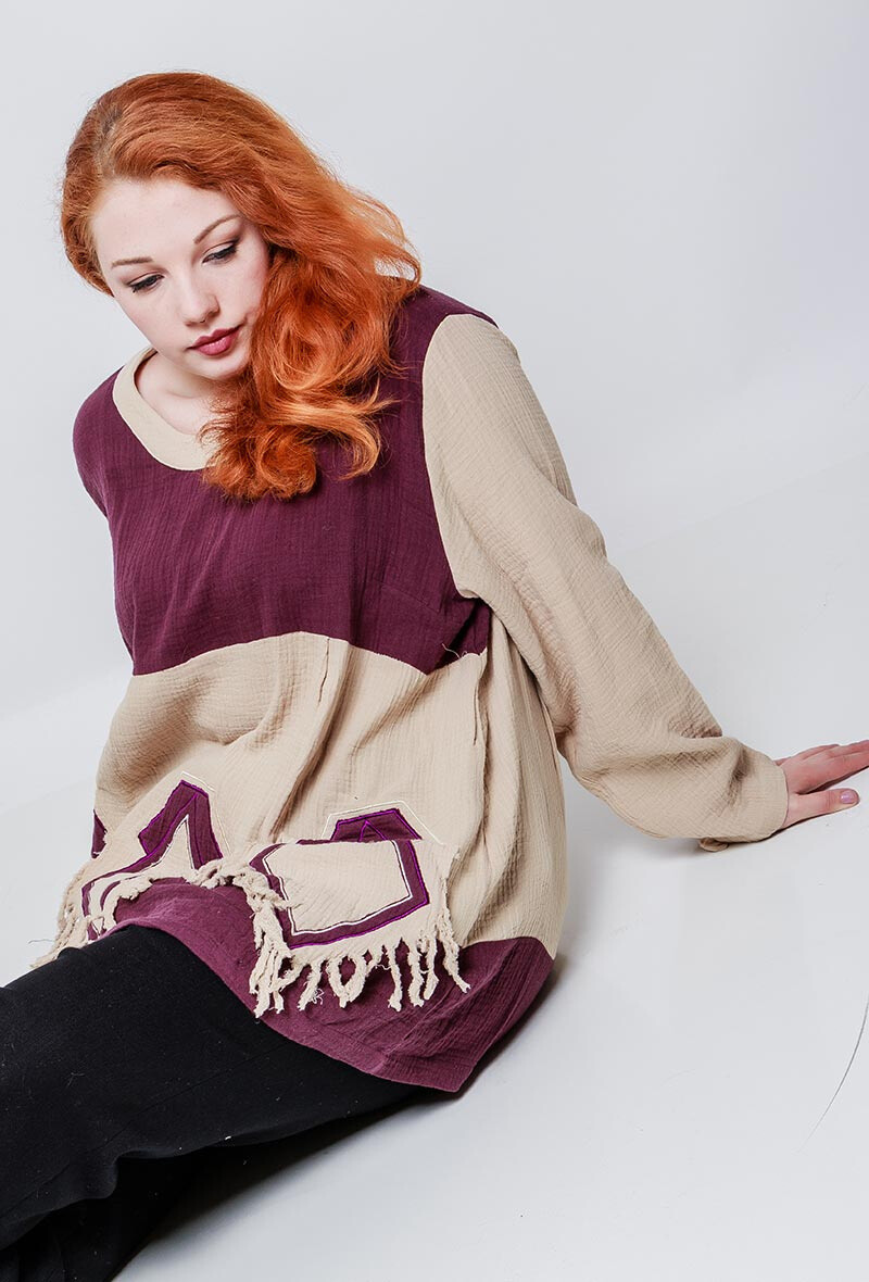Grossiste Pomme Rouge Paris - Pull effet déchiré beige et violet (A815)