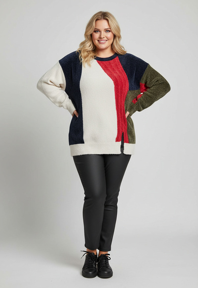 Grossiste Pomme Rouge Paris - Pull grande taille colorblock bleu (JX093) Grossiste Pomme Rouge Paris - Pull grande taille colorblock bleu (JX093)