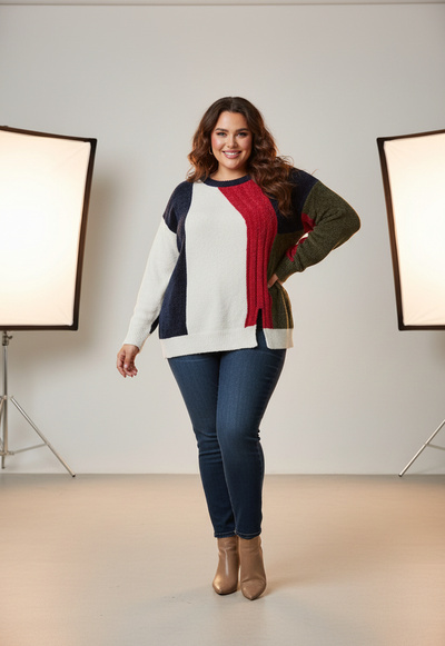 Grossiste Pomme Rouge Paris - Pull grande taille colorblock bleu Grossiste Pomme Rouge Paris - Pull grande taille colorblock bleu