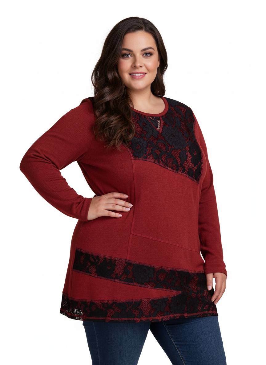 Grossiste Pomme Rouge Paris - Pull bordeaux avec dentelle (A729)