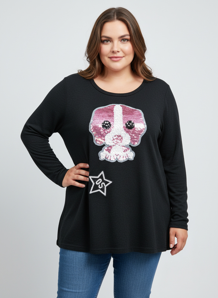 Wholesaler Pomme Rouge Paris - Plus size black sweater with sequin pattern (A907)