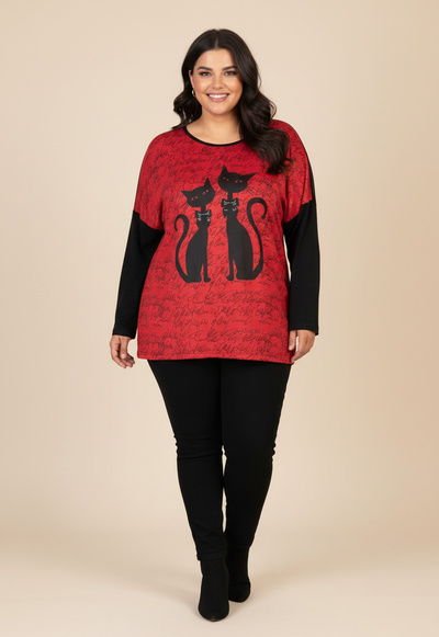 Grossiste Pomme Rouge Paris - Pull rouge grande taille motif chat (C6610) Grossiste Pomme Rouge Paris - Pull rouge grande taille motif chat (C6610)