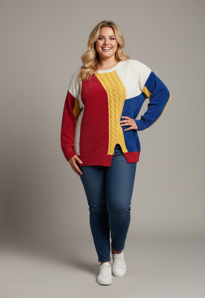 Grossiste Pomme Rouge Paris - Pull grande taille colorblock blanc (JX093) Grossiste Pomme Rouge Paris - Pull grande taille colorblock blanc (JX093)