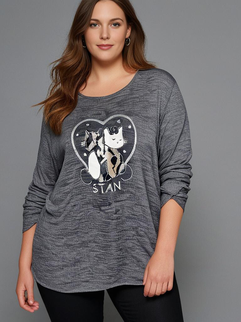Großhändler Pomme Rouge Paris - Graues Pullover -Chat -Muster (T9818)