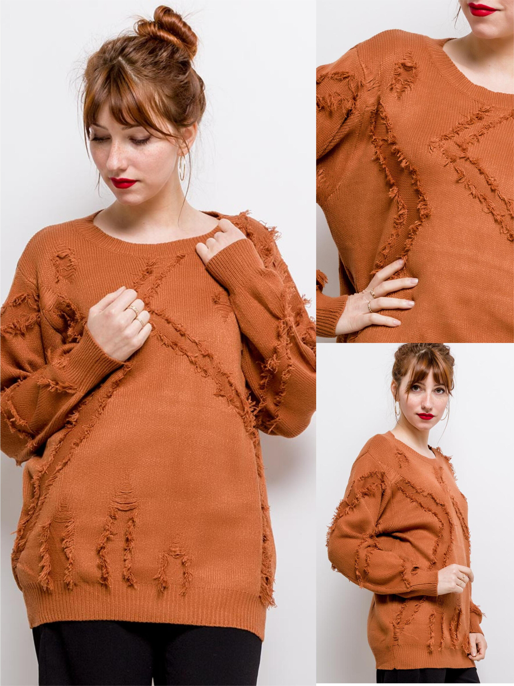 Grossiste Pomme Rouge Paris - Pull rouille effet déchiré (JX091)